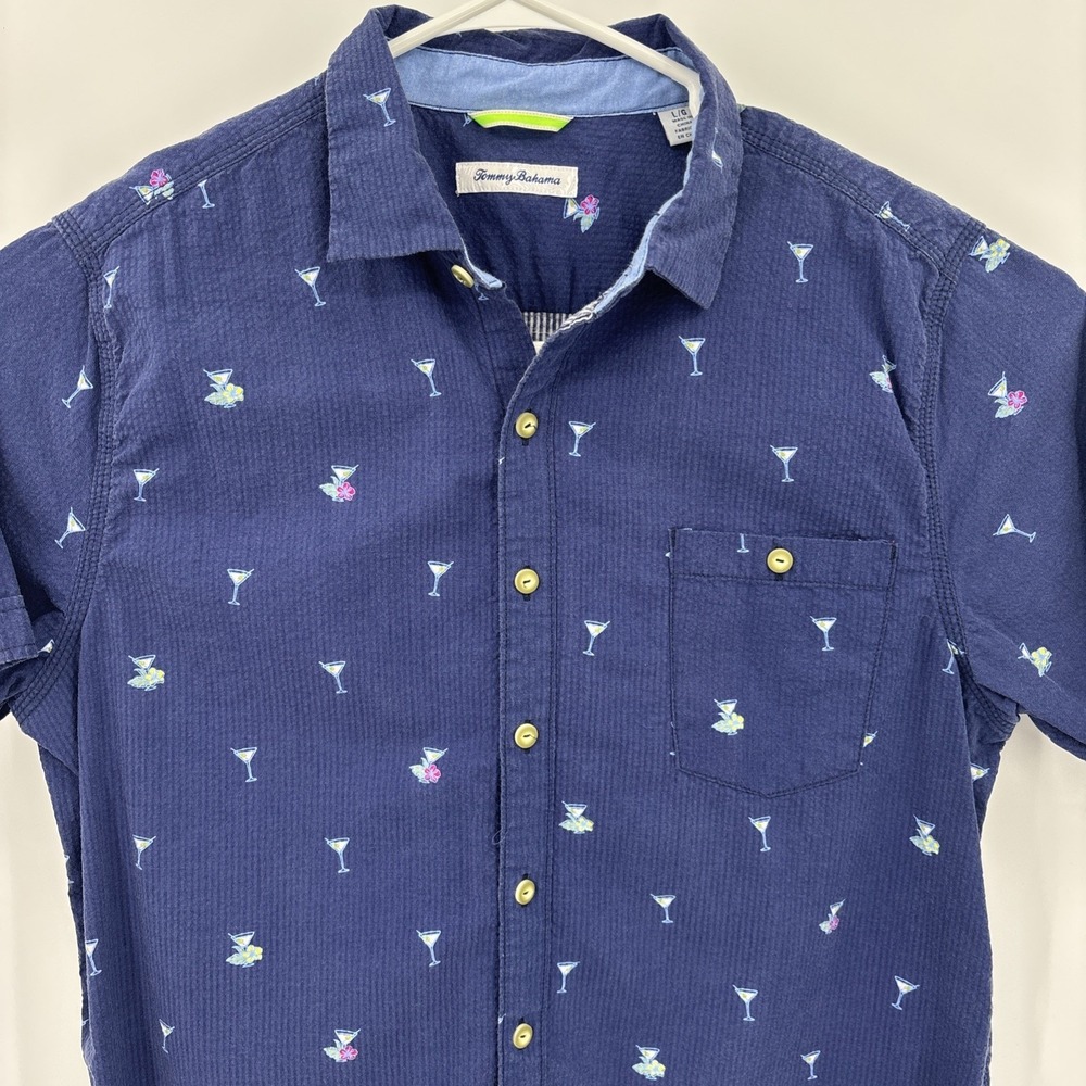 Tommy Bahama Mens Blue Martini Vacation Seersucker Shirt Size L Beach Resort - Picture 5 of 8